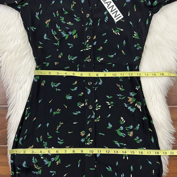 Ganni Women's Size 34 / US 2 Verdant Green Floral Printed Crepe Shirt‎ Dress - Picture 6 of 12